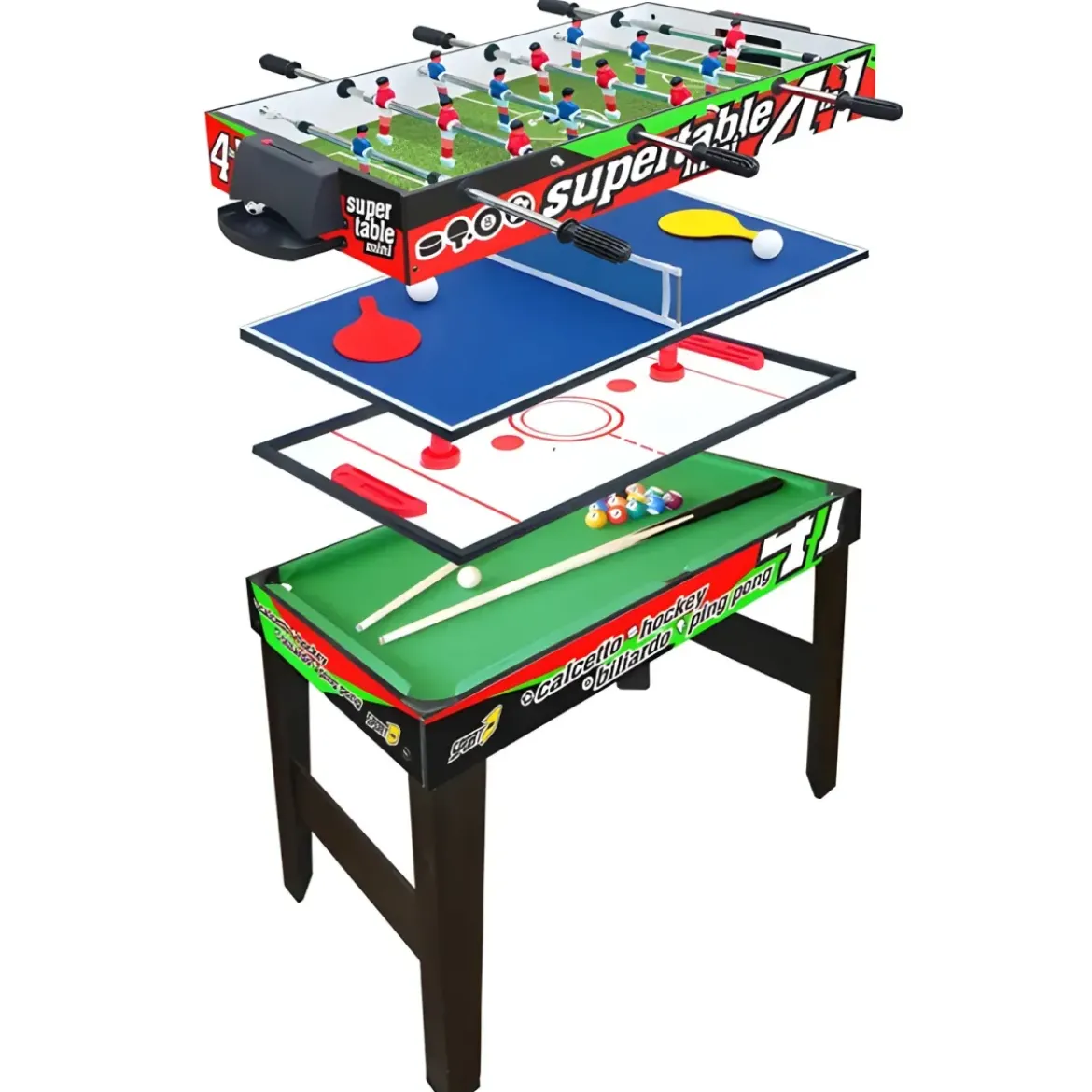Biliardino Tavolo 4in1 Mini Calcetto Biliardo Ping Pong Hockey Aste Telescopiche