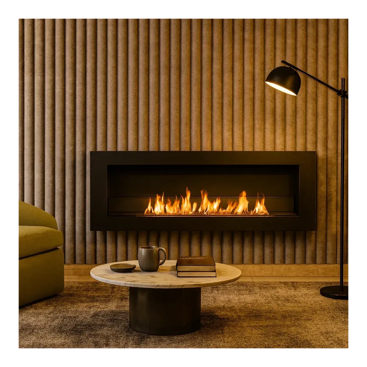 Biocamino da Incasso 1,25L 120x40 cm Nero 3kW con Vetro Fiamma Reale