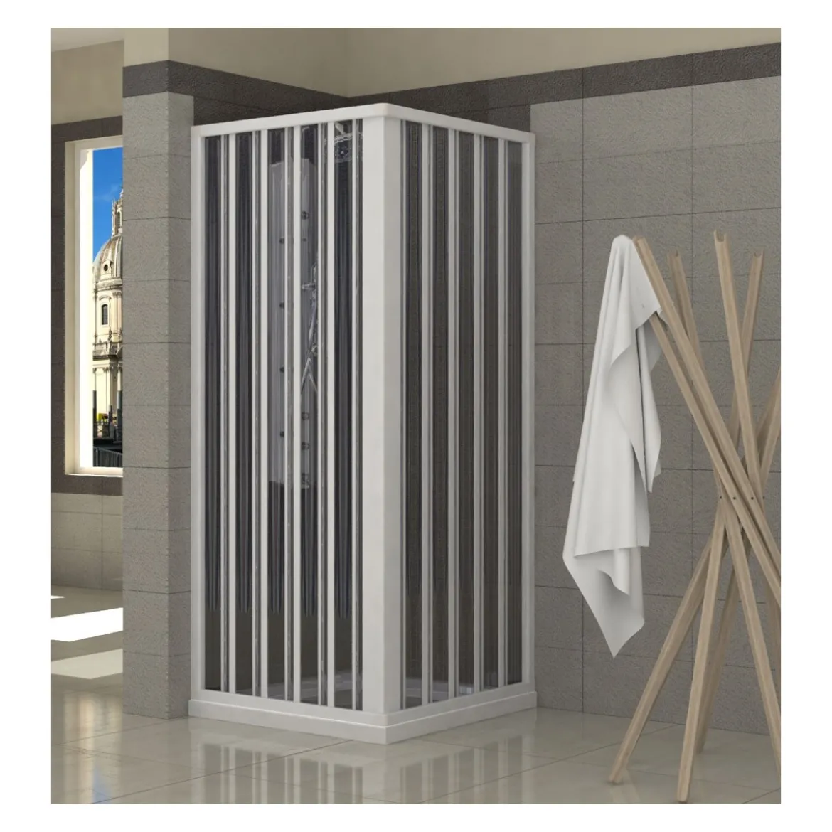 Box Doccia Bianco PVC Angolare Scorrevole Angolo Porte a Soffietto 2 Ante Lati