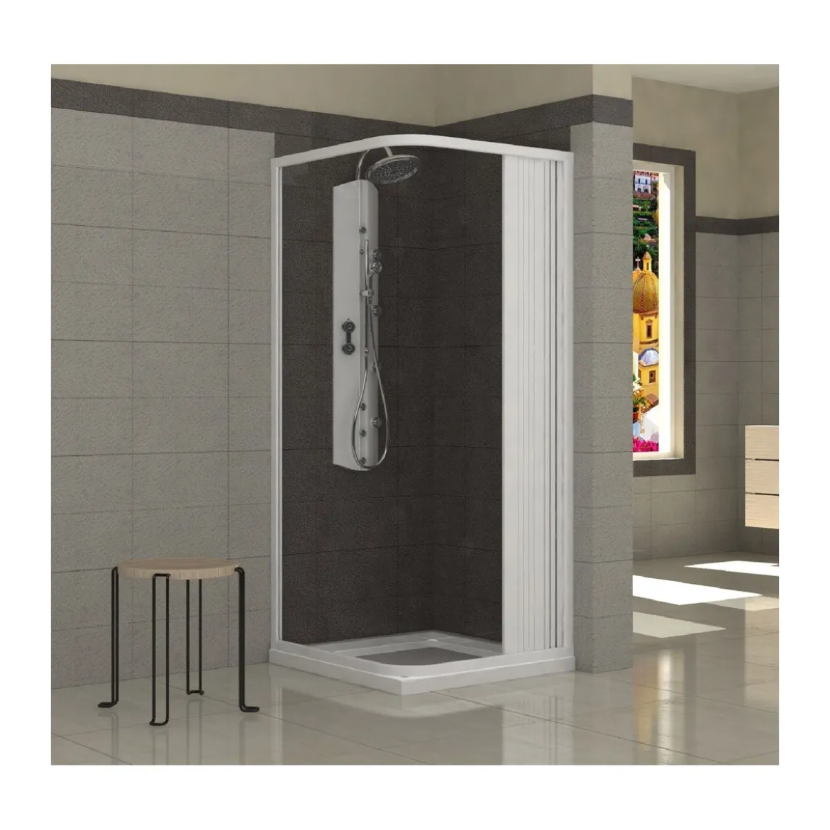 Box Doccia in PVC 1 Porta a Soffietto Angolare 2 Lati Apertura a Parete Angolo