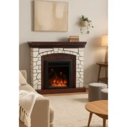 Caminetto Elettrico Classico 1500W Finitura Legno e Pietra e Suono Legna