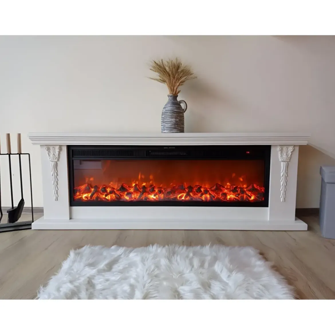 Caminetto Elettrico da Pavimento Crema Effetto Fiamma LED 1600W Moderno