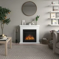 Caminetto Elettrico da Pavimento Tagu Frode con Cornice in Legno Bianco Moderno