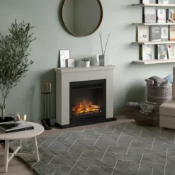 Caminetto Elettrico da Pavimento Tagu Frode con Cornice Decorativa in Legno Beige