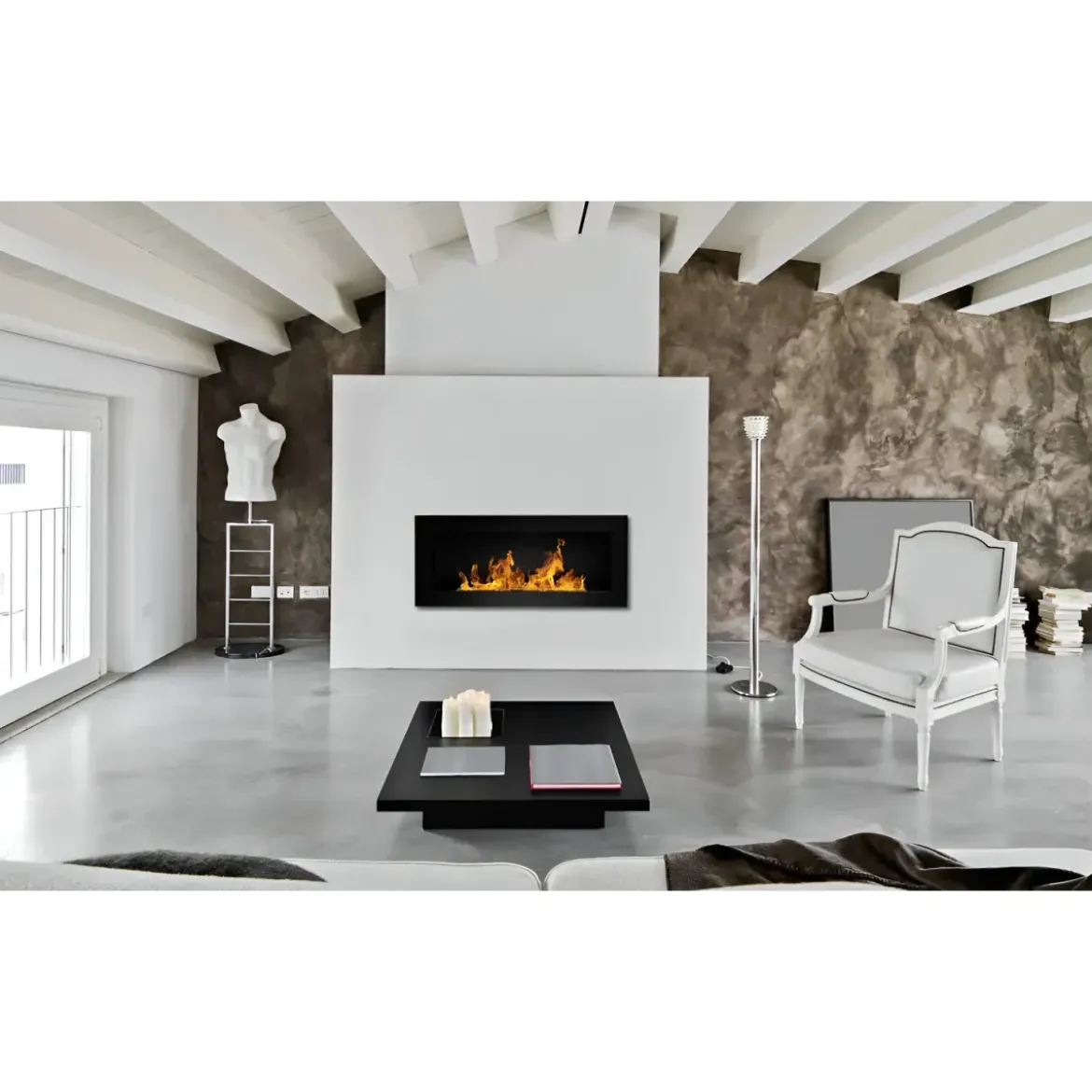 Camino a Bioetanolo da Incasso 2,5kW Nero in Acciaio Inox 90x12x40 cm