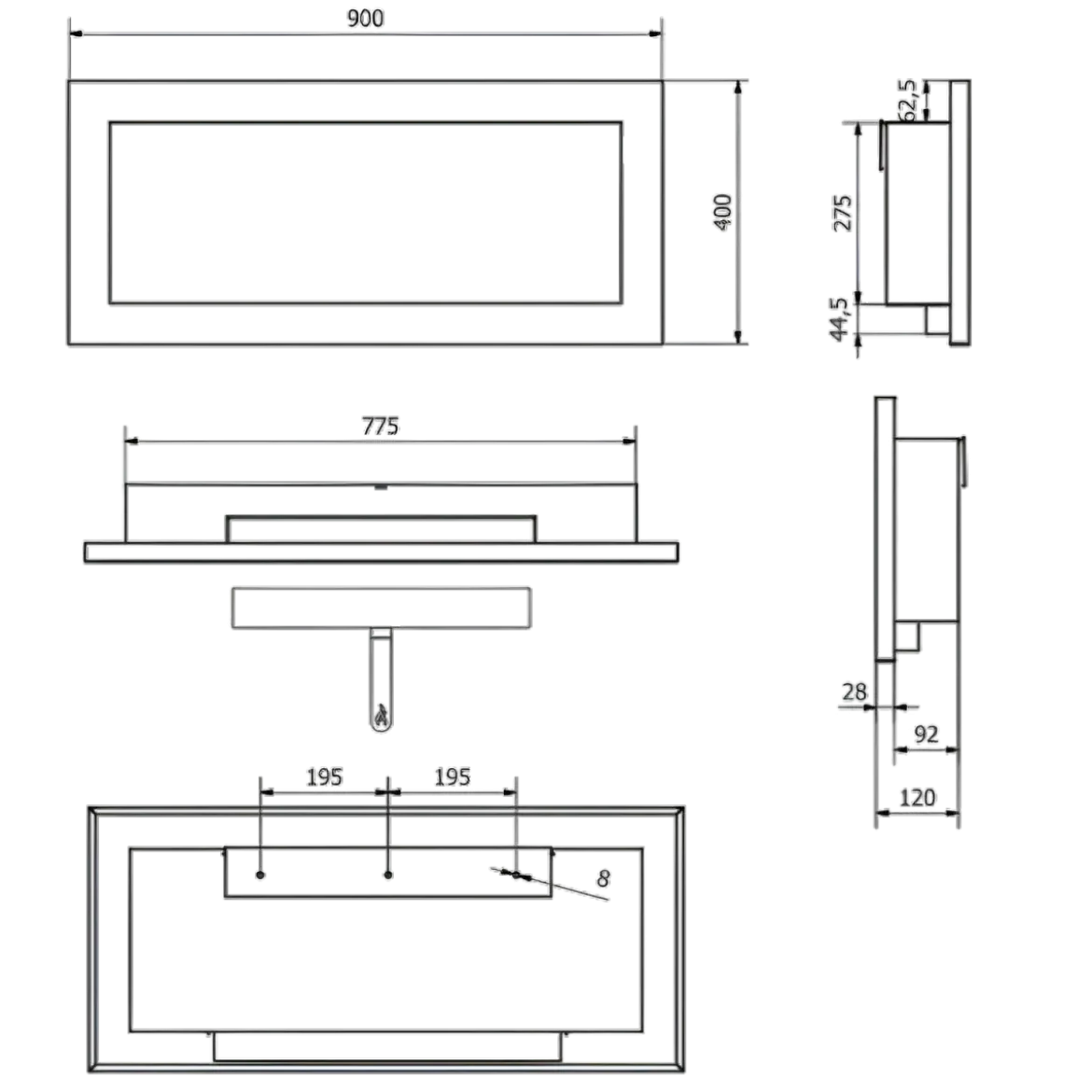 Camino a Bioetanolo da Incasso 2,5kW Bianco Acciaio Inox 90x12x40 cm
