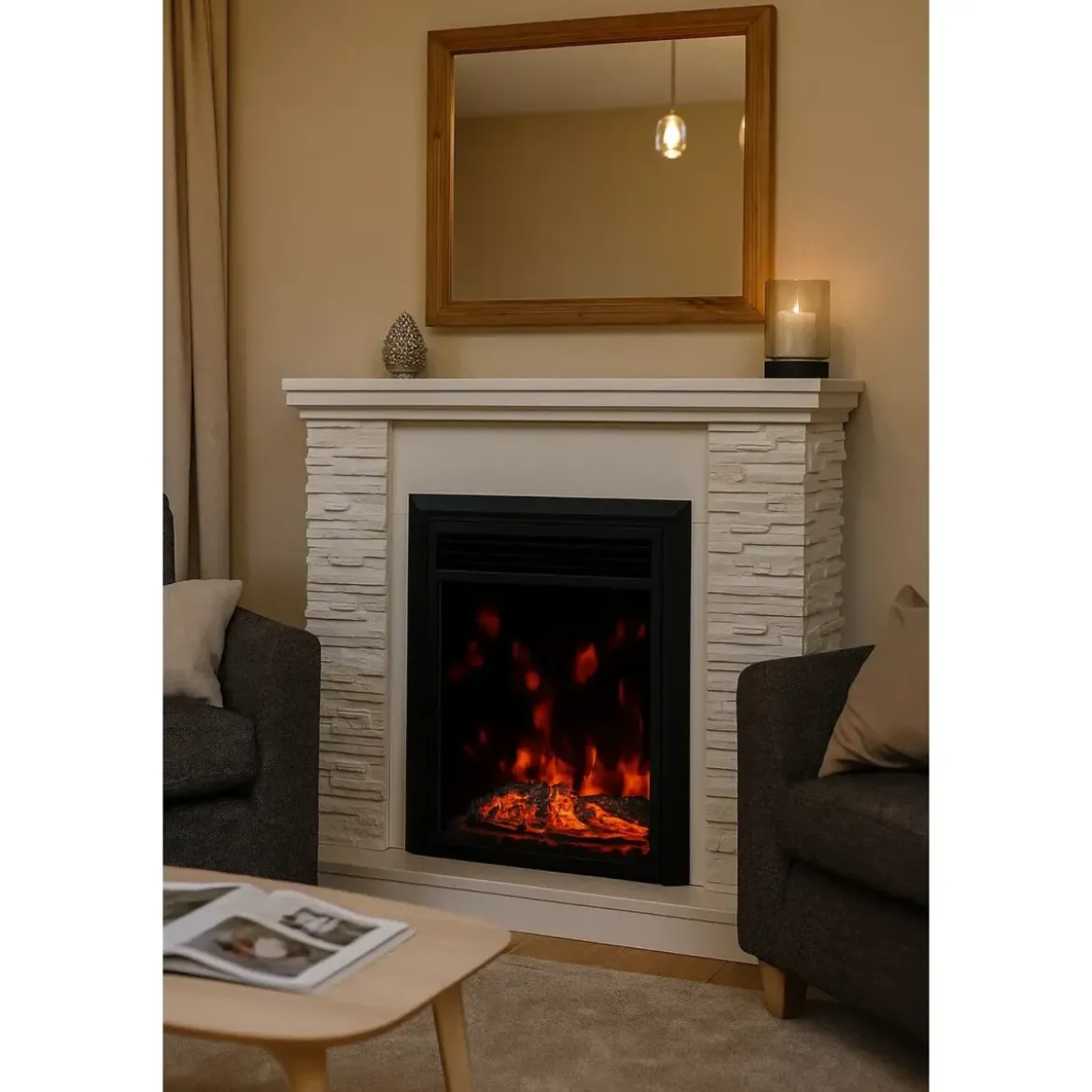 Camino Elettrico Bianco Effetto Pietra 1500W Moderno Fiamma Colorata