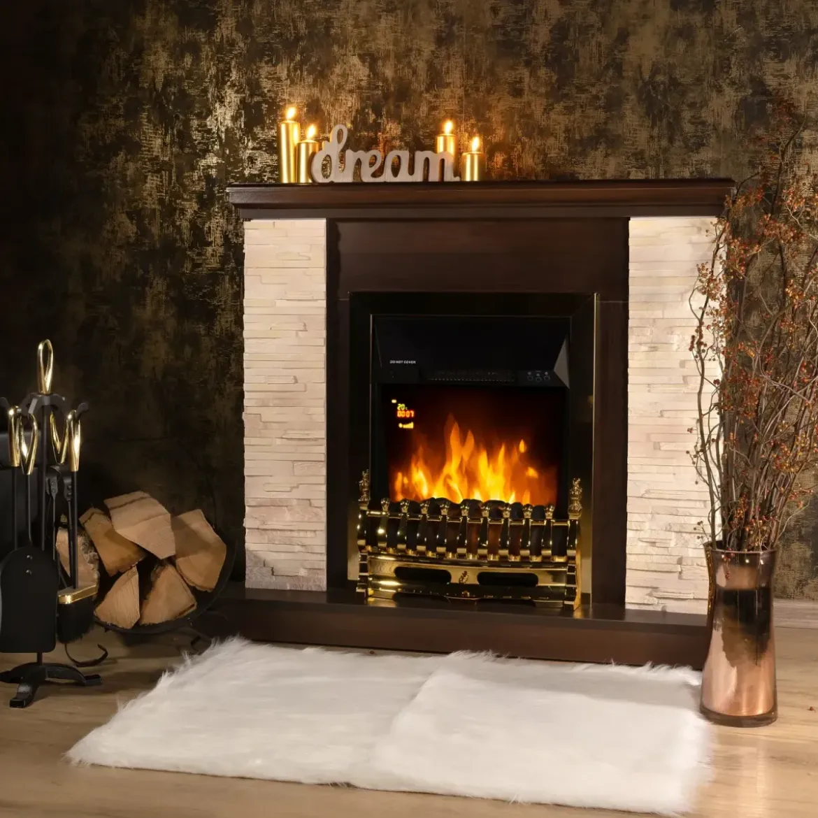 Camino Elettrico Classico 2000W da Soggiorno Noce Rustico con Telecomando