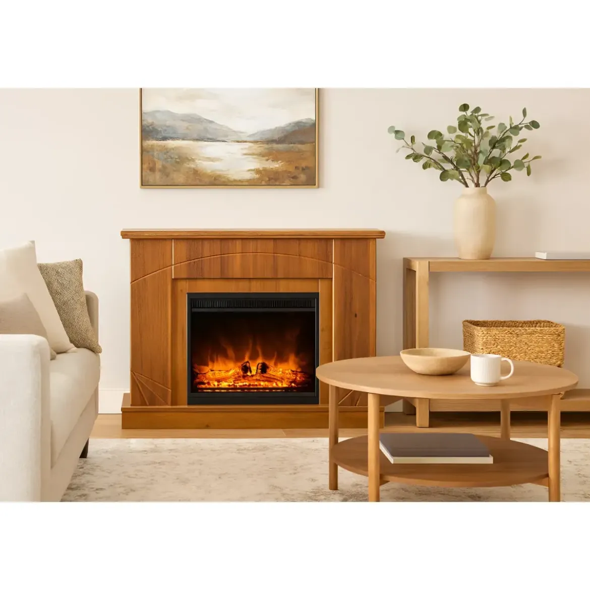 Camino Elettrico con Mantello Legno Noce 1500W Fiamma LED 3 Colori