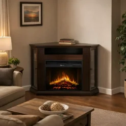 Camino Elettrico con Mobile Angolare 1800W da Appoggio in Legno Noce