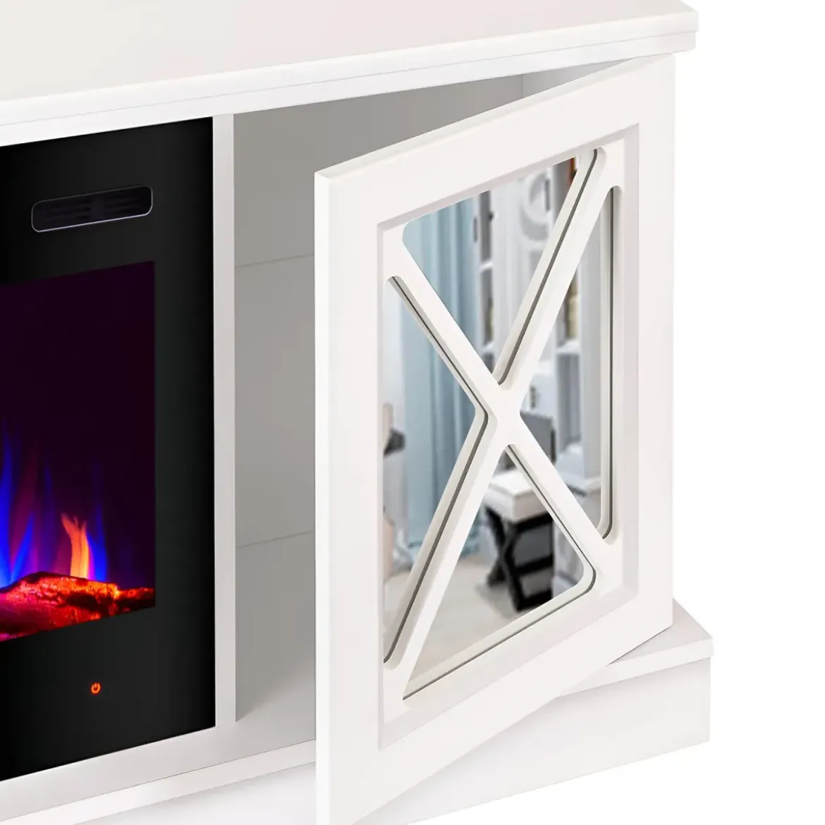 Camino Elettrico con Mobile Specchiato Bianco 1500W Moderno per Soggiorno