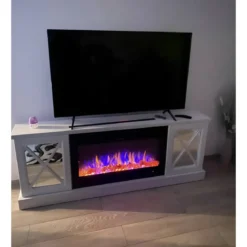Camino Elettrico con Mobile Specchiato Bianco 1500W Moderno per Soggiorno