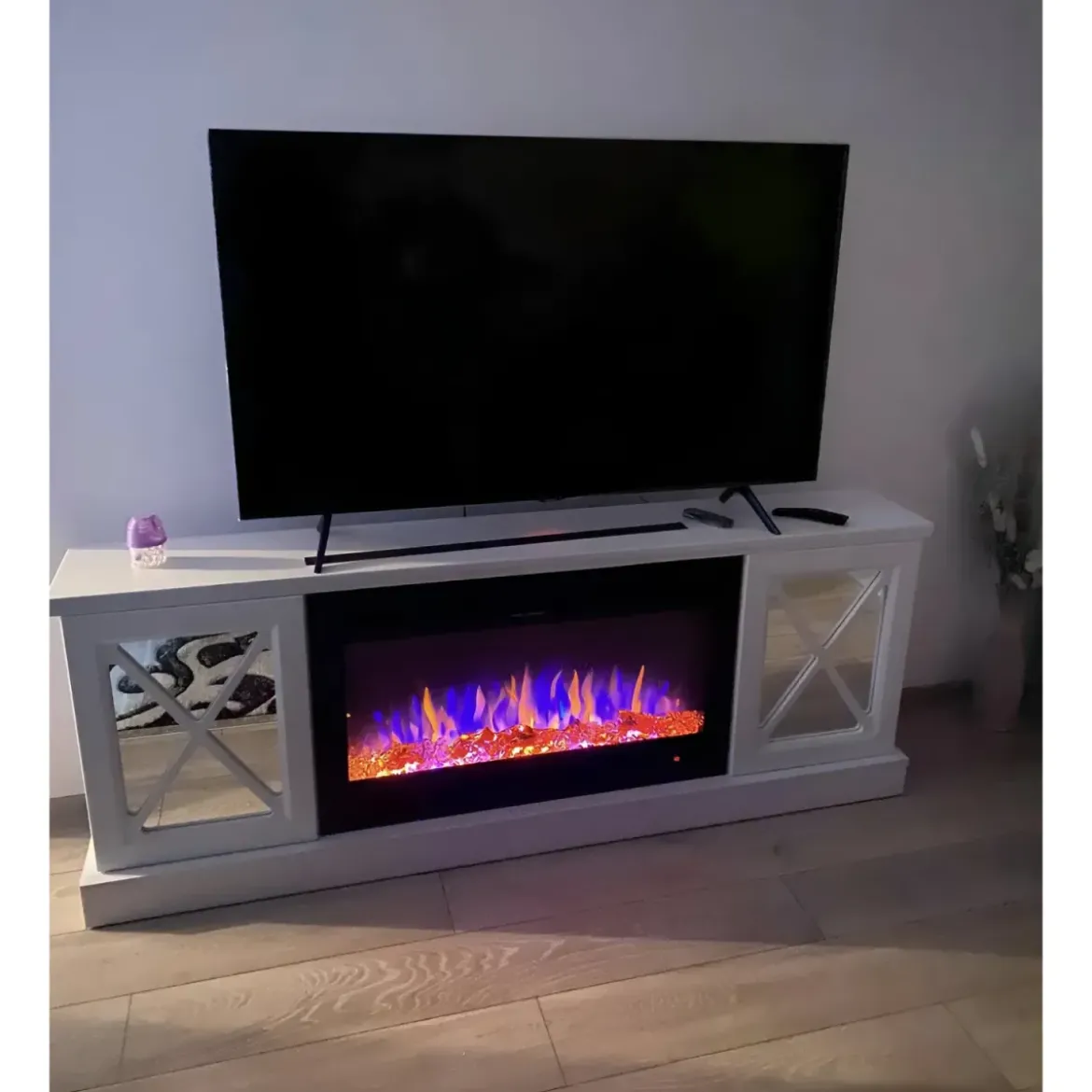 Camino Elettrico con Mobile Specchiato Bianco 1500W Moderno per Soggiorno
