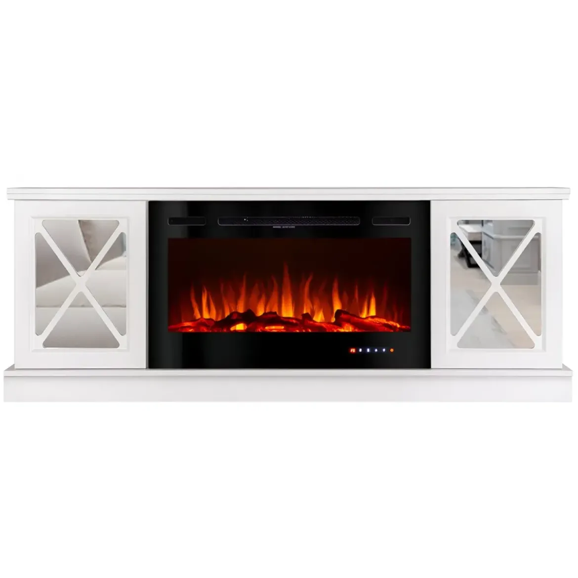 Camino Elettrico con Mobile Specchiato Bianco 1500W Moderno per Soggiorno