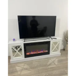 Camino Elettrico con Mobile Specchiato Bianco 1500W Moderno per Soggiorno