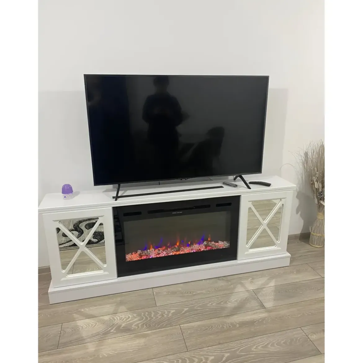 Camino Elettrico con Mobile Specchiato Bianco 1500W Moderno per Soggiorno