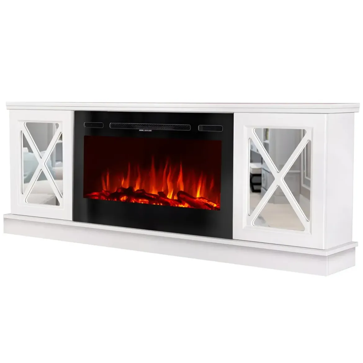 Camino Elettrico con Mobile Specchiato Bianco 1500W Moderno per Soggiorno