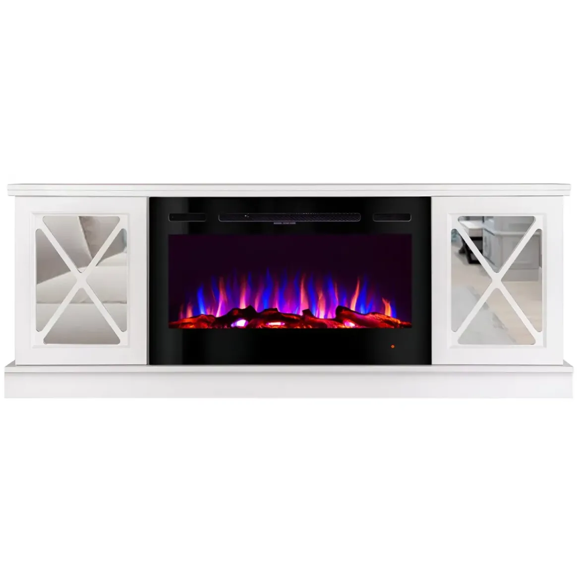 Camino Elettrico con Mobile Specchiato Bianco 1500W Moderno per Soggiorno