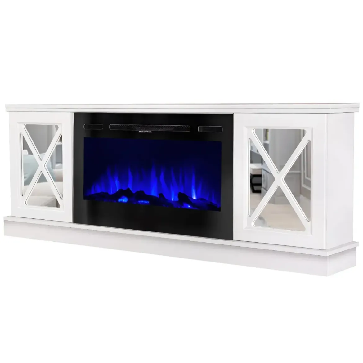 Camino Elettrico con Mobile Specchiato Bianco 1500W Moderno per Soggiorno