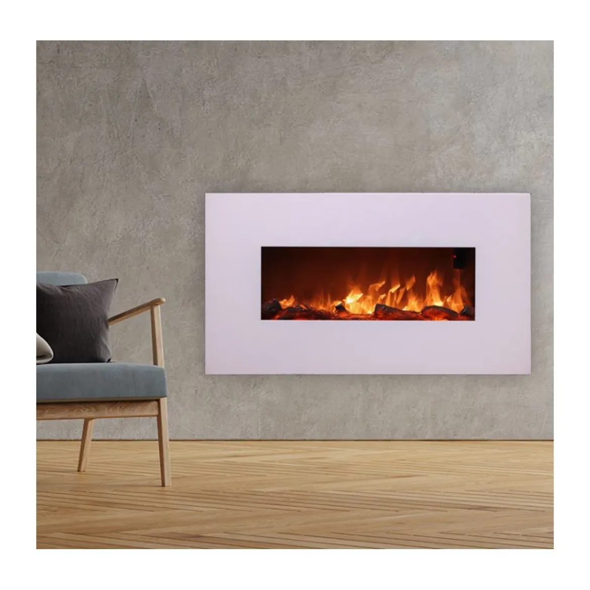 Camino Elettrico da Parete a Muro con Led Fiamma Finta Vetro Acciaio 1500 Watt Bianco