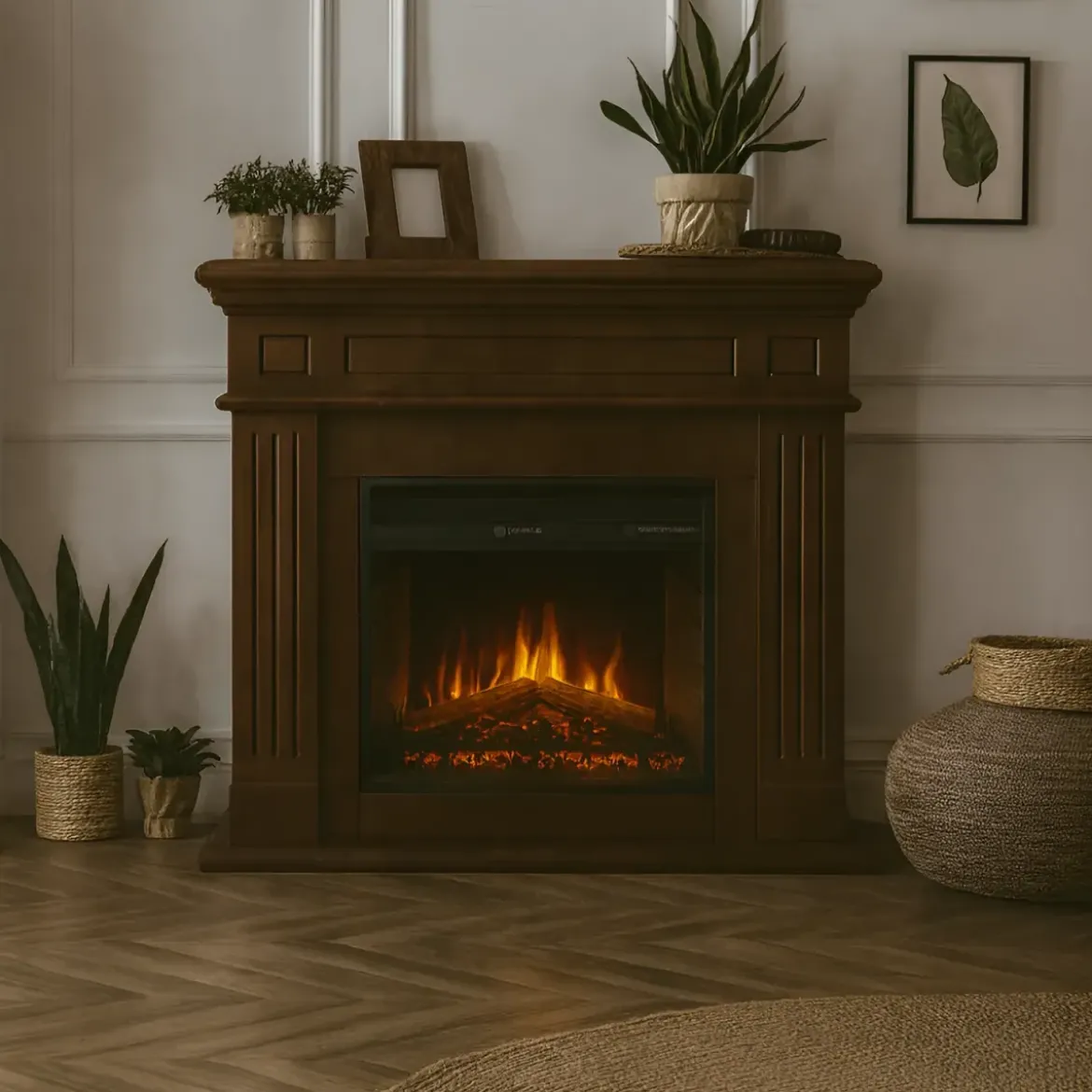 Camino Elettrico da Pavimento 1800W Legno MDF Noce per Soggiorno