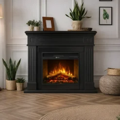 Camino Elettrico da Pavimento 1800W Legno MDF Nero per Soggiorno