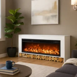 Camino Elettrico da Terra Bianco 1500W con Fiamma Regolabile Classico