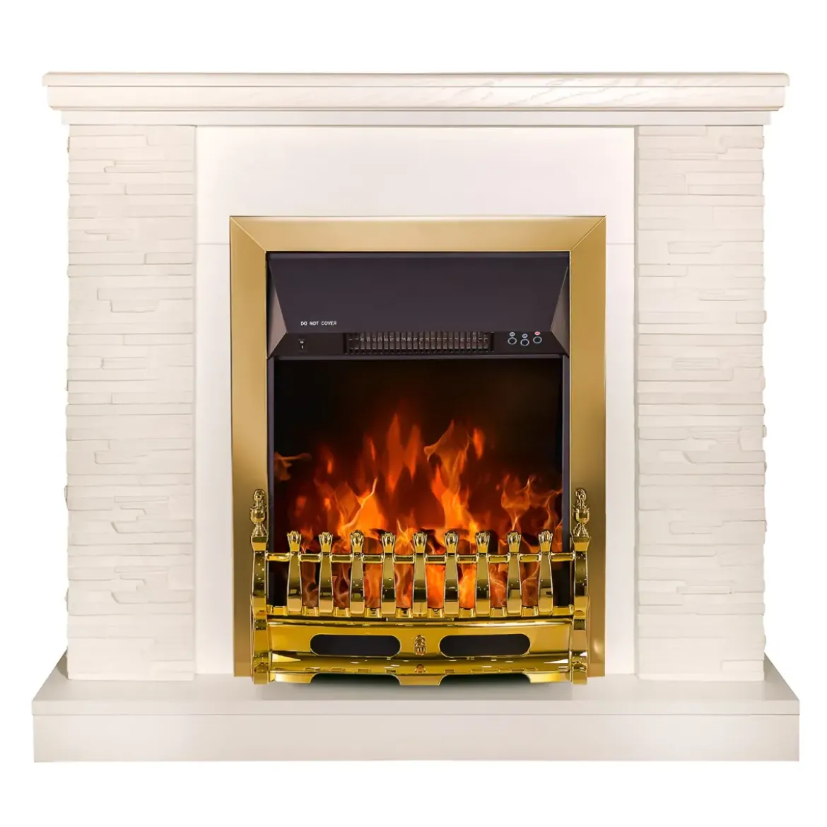 Camino Elettrico Moderno Bianco 2000W Effetto Pietra Finiture Oro