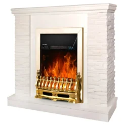 Camino Elettrico Moderno Bianco 2000W Effetto Pietra Finiture Oro