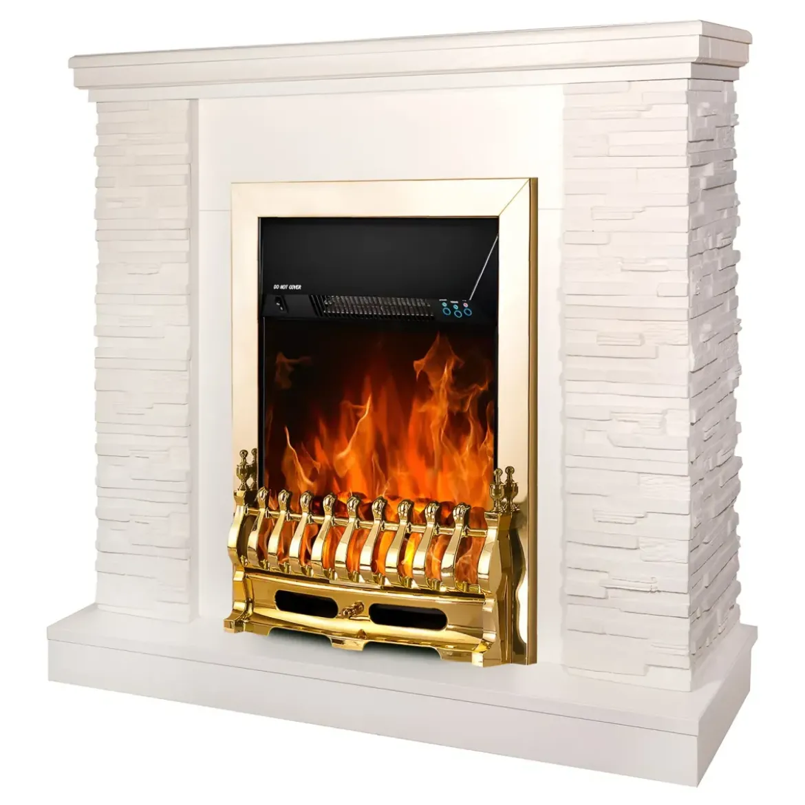 Camino Elettrico Moderno Bianco 2000W Effetto Pietra Finiture Oro