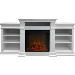 Camino Elettrico 1800W con Mobile Ripiani da Pavimento in Legno Bianco