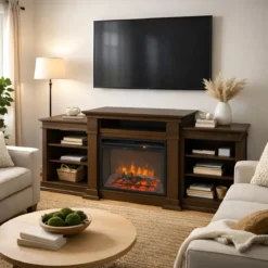 Camino Elettrico 1800W con Mobile Ripiani da Pavimento in Legno Noce