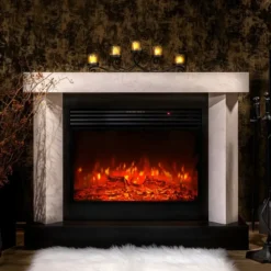 Camino Elettrico 1950W da Appoggio Effetto Fiamma Suono Legna Beige