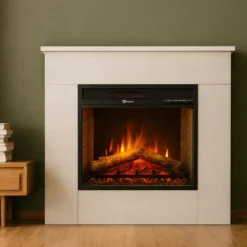Camino Elettrico 1800W da Pavimento Fiamma Regolabile Legno Bianco