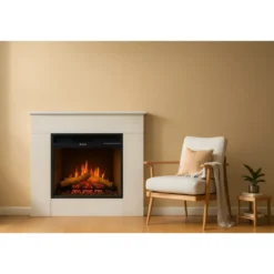 Camino Elettrico 1800W da Pavimento Fiamma Regolabile Legno Bianco