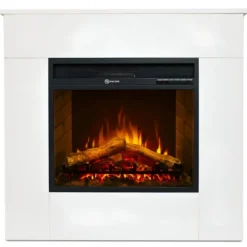 Camino Elettrico 1800W da Pavimento Fiamma Regolabile Legno Bianco