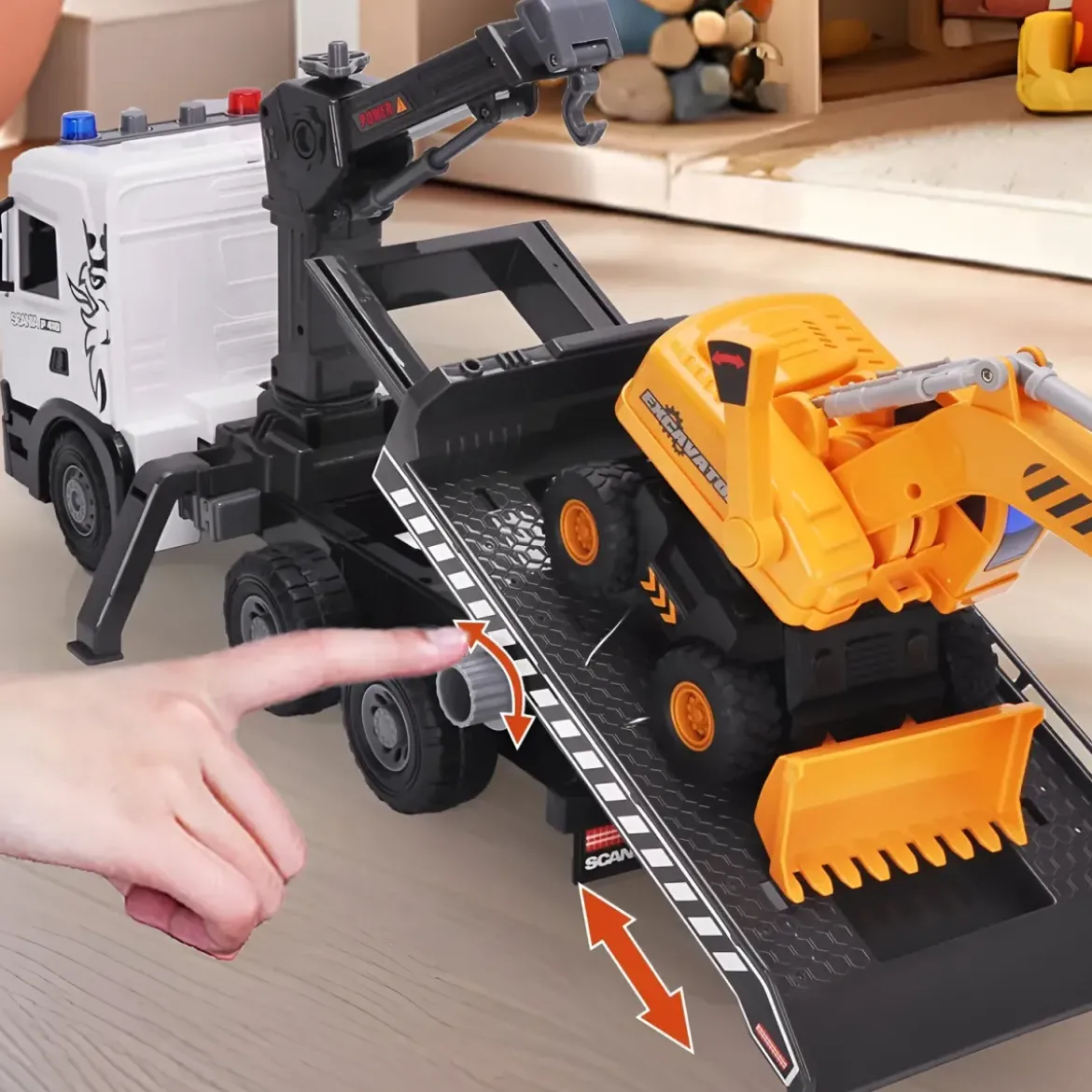 Camion Giocattolo con Gru e Escavatore Scania Luci e Suoni Realistici