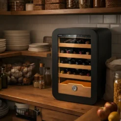 Cantinetta Vino 36 Bottiglie 5 Ripiani in Legno Classe G Nero Luci LED