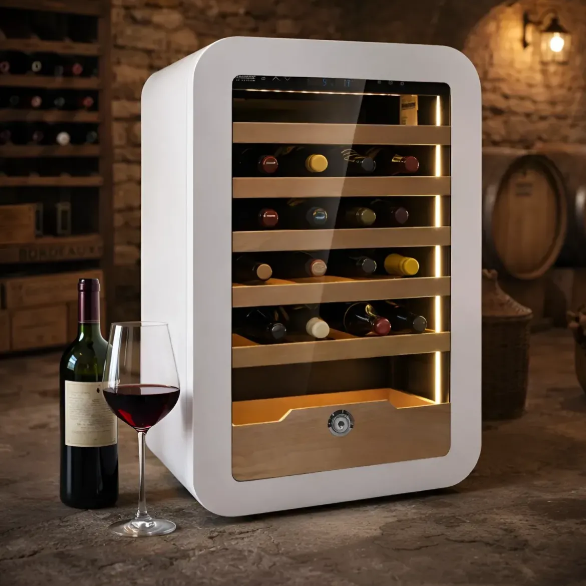 Cantinetta Vino 36 Bottiglie 5 Ripiani in Legno Classe G Bianco LED
