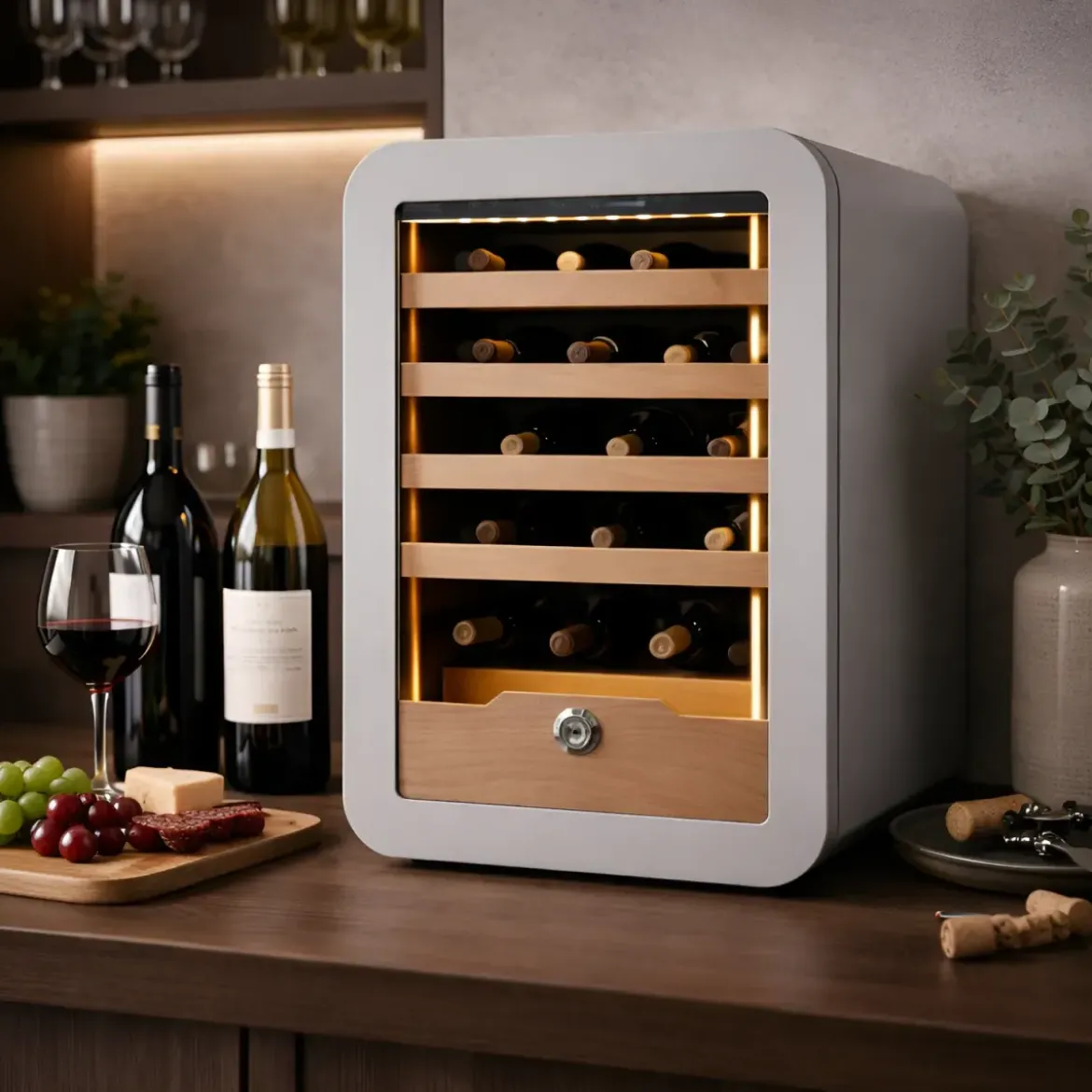 Cantinetta Vino 36 Bottiglie 5 Ripiani in Legno Classe G Grigio LED