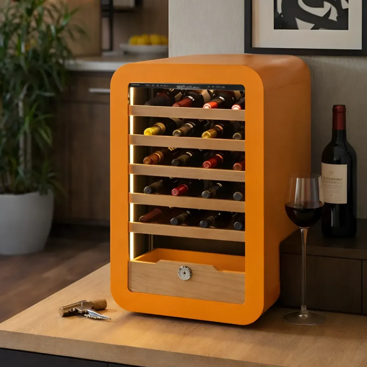 Cantinetta Vino 36 Bottiglie 5 Ripiani in Legno Classe G Arancione LED