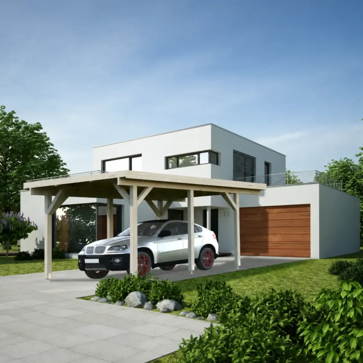 Carport Auto Singolo Legno Abete Grezzo 360x512x230 cm con Copertura