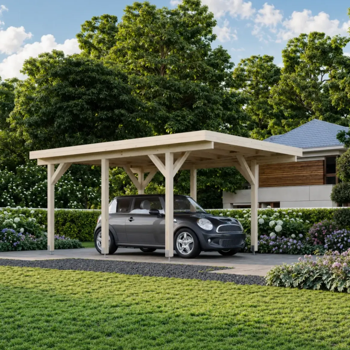 Carport Auto Singolo Legno Abete Grezzo 360x512x230 cm con Copertura