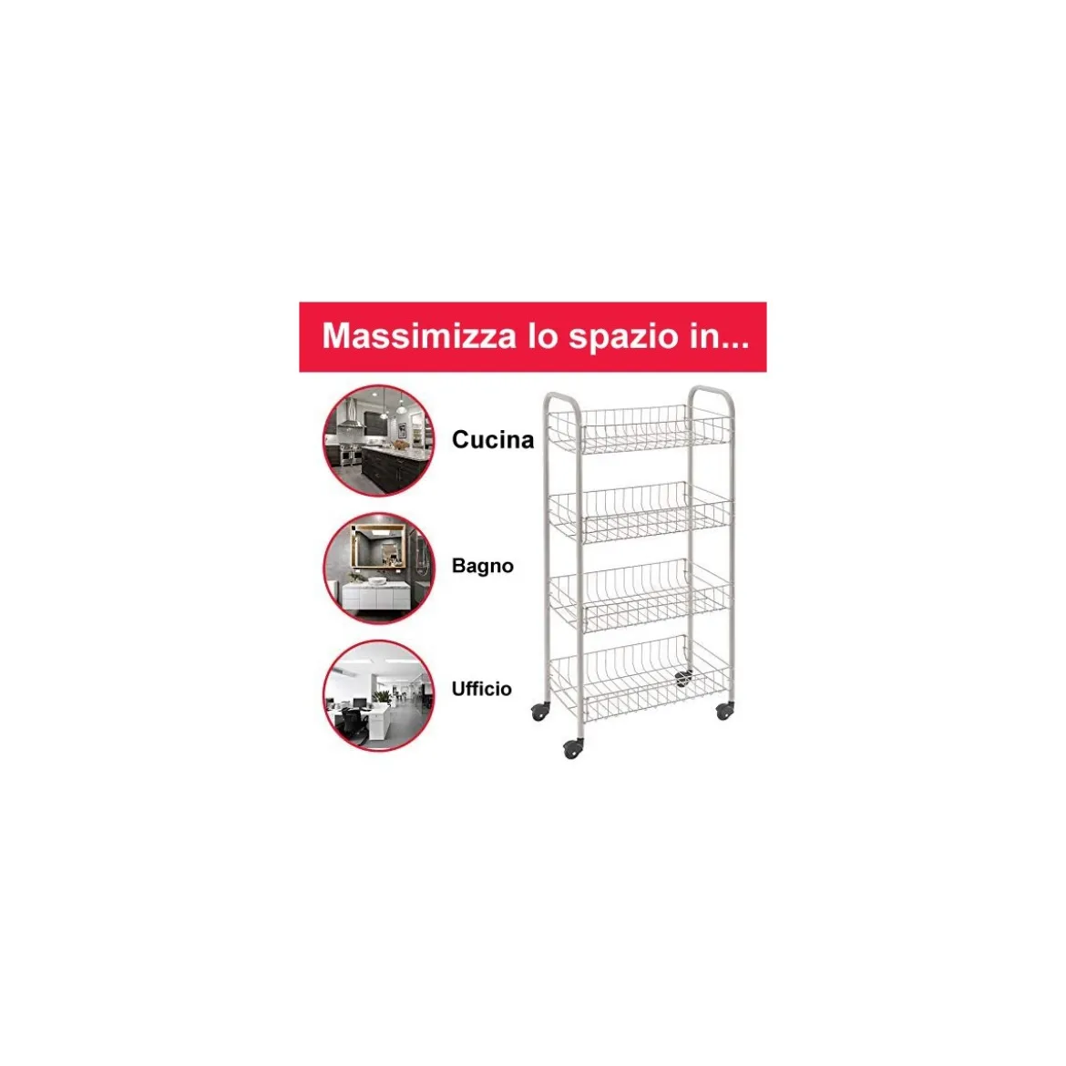 Carrellino Acciaio Bagno Cucina di Servizio Porta Oggetti Frutta Ruote 4 Ripiani