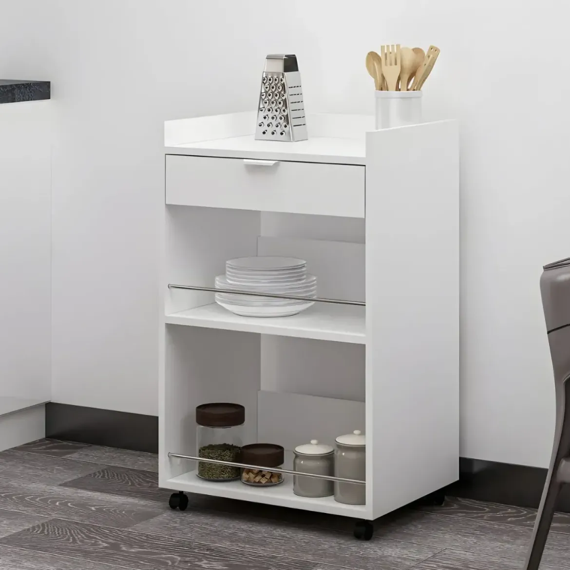Carrello per Cucina Mobile Multiuso Ruote Bianco 1 Cassetto 2 Ripiani