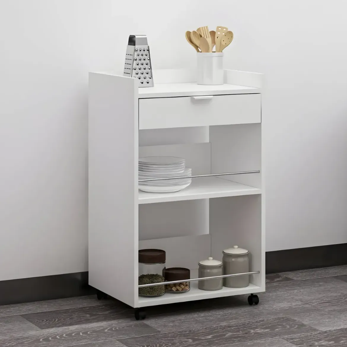 Carrello per Cucina Mobile Multiuso Ruote Bianco 1 Cassetto 2 Ripiani