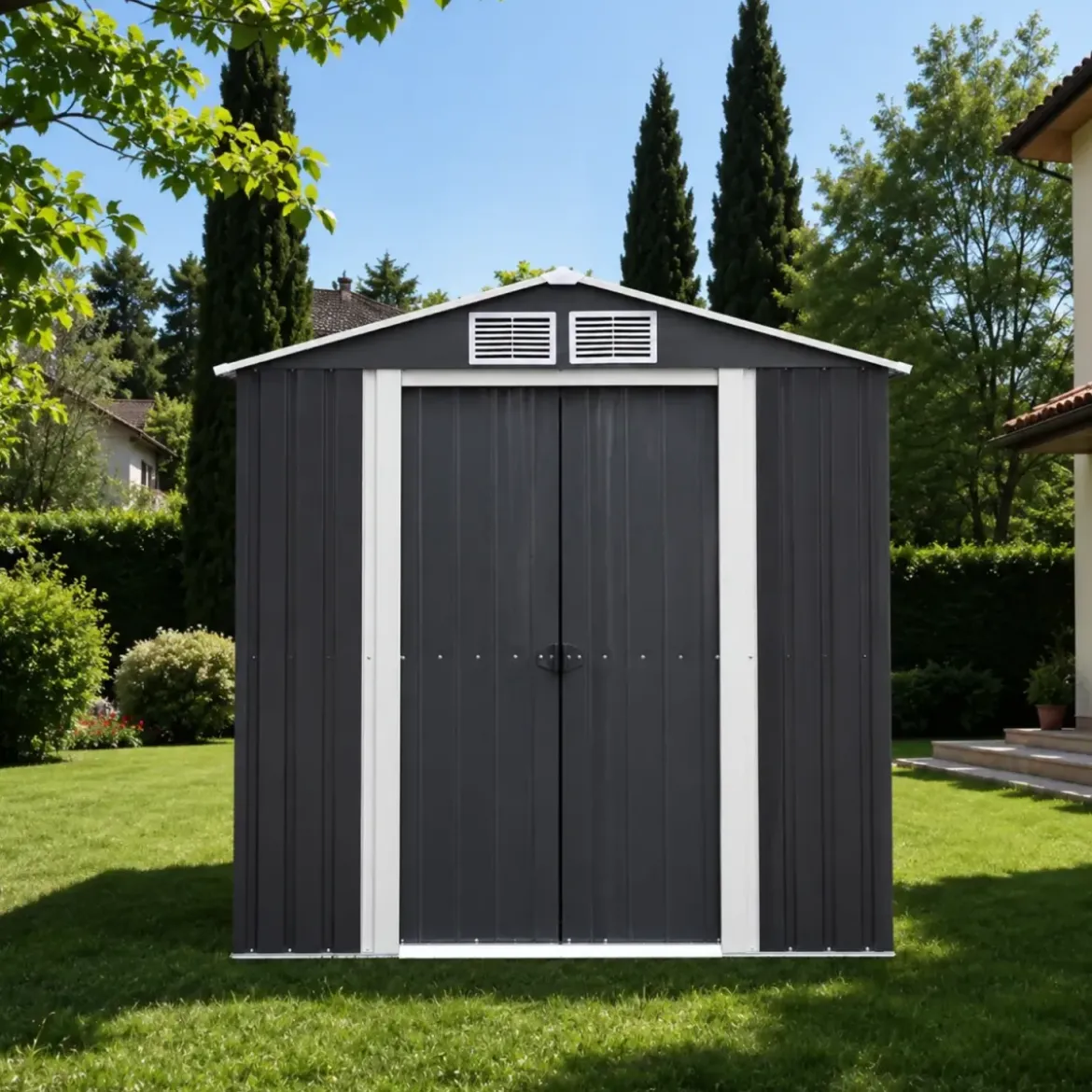 Casetta da Giardino in Acciaio Zincato 195x131 cm Doppia Porta Box