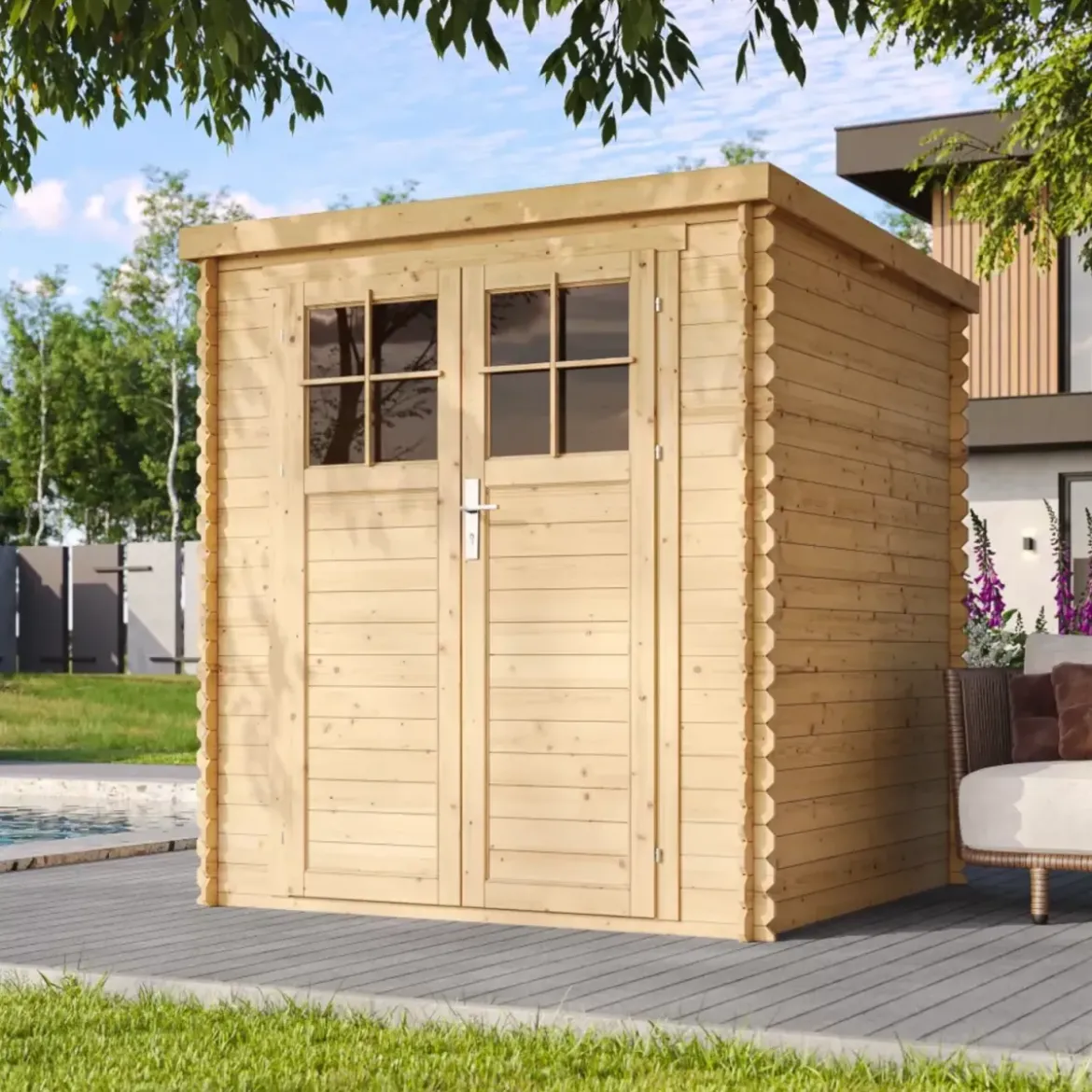 Casetta da Giardino in Legno 2x2 19 mm Doppia Porta con Serratura