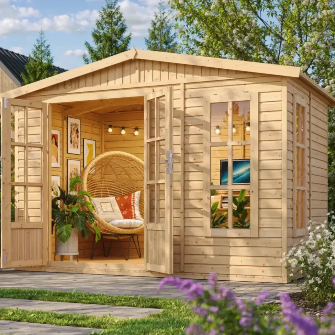 Casetta da Giardino in Legno 3x2 m con Pavimento Doppia Porta Finestre