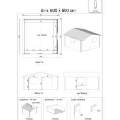 Casetta da Giardino 44 mm in Legno 6x6 infissi con doppio vetro